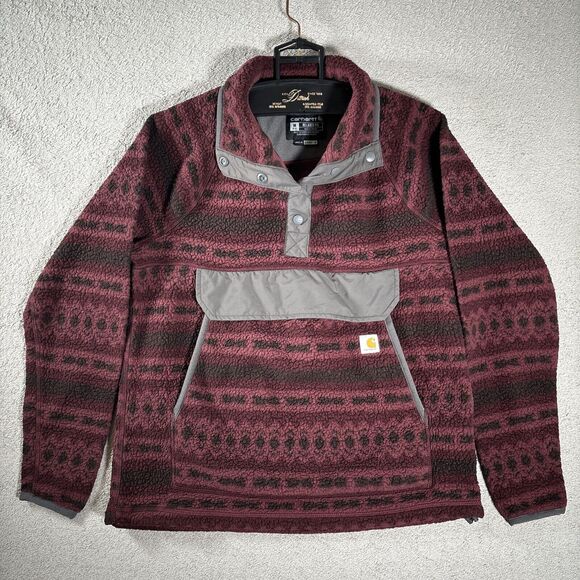Carhartt Relaxed Fit Fleece Quarter-Snap Pullover Sz M Burgundy & Black Aztec - Picture 1 of 13